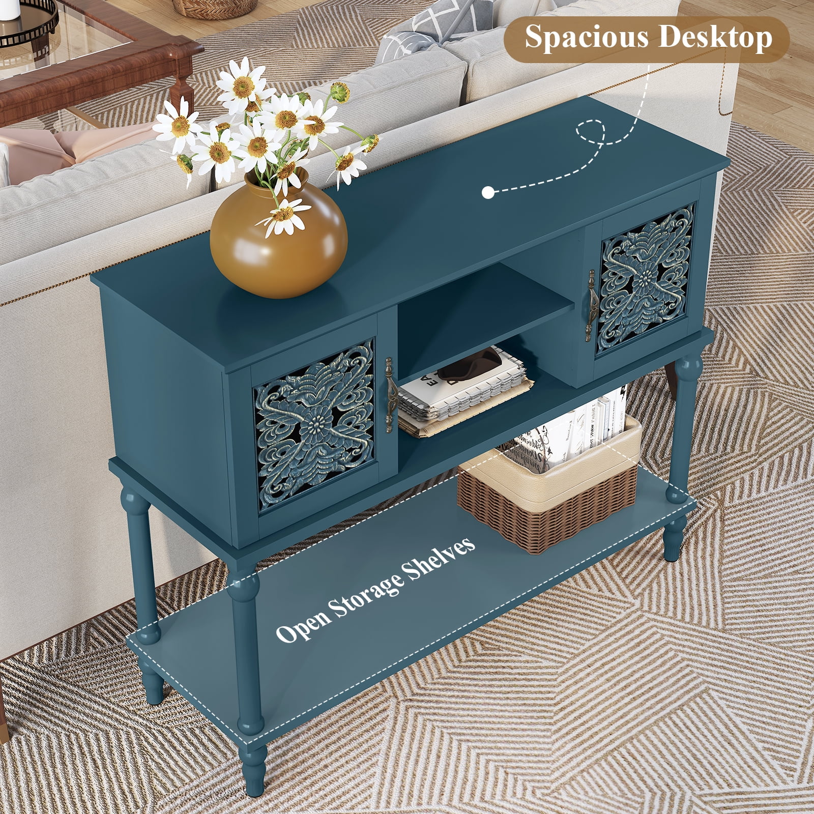 HLR Modern 42" Console Table with Storage, Entryway Table Wood Behind Couch with Shelves for Living Room, Blue