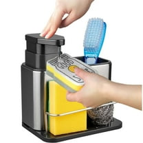 Dish Soap Dispenser, 3-in-1 Sponge Holder for Kitchen Sink Caddy, Stainless Steel Kitchen Sink Organizer Tray Drainer Rack, Rustproof Dish Soap Dispenser Brush Holder Countertop