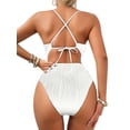 thumbnail image 2 of Deago Women's Sexy One Piece Swimsuit Plunge Deep V Neck Cutout Bathing Suits Textured Ruched Crisscross Back Self Tie Swimwear (White, L), 2 of 9
