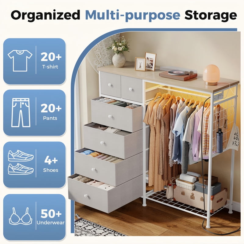 Kelno 6 Drawer Dresser with Hanging Rack LED Lights Charging Station Fabric Closet Organizer Storage Tower, Light Gray