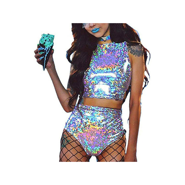 skolde diagram Kronisk Women Cosplay 2Pcs Rave Shorts Outfits Double Holographic Metallic Crop Top  and Shorts Set Dance Party Clubwear - Walmart.com