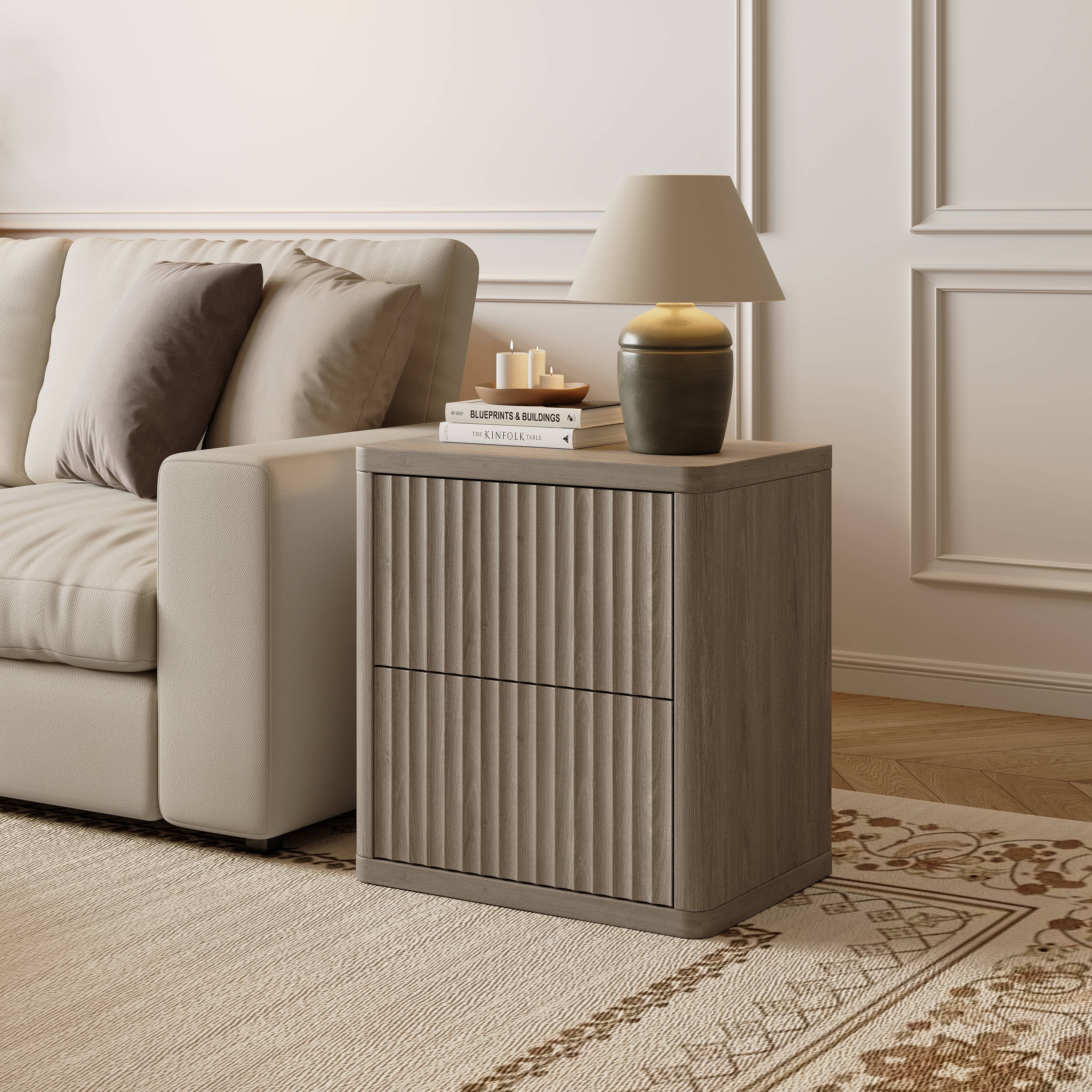 SICOTAS Fluted 2 Drawer Nightstand Set of 2, 22.75" W Small Modern Bedside Table with Large Handless Drawers, Curved Edge Design, Wooden End Table for Bedroom, Living Room, Dark Grey