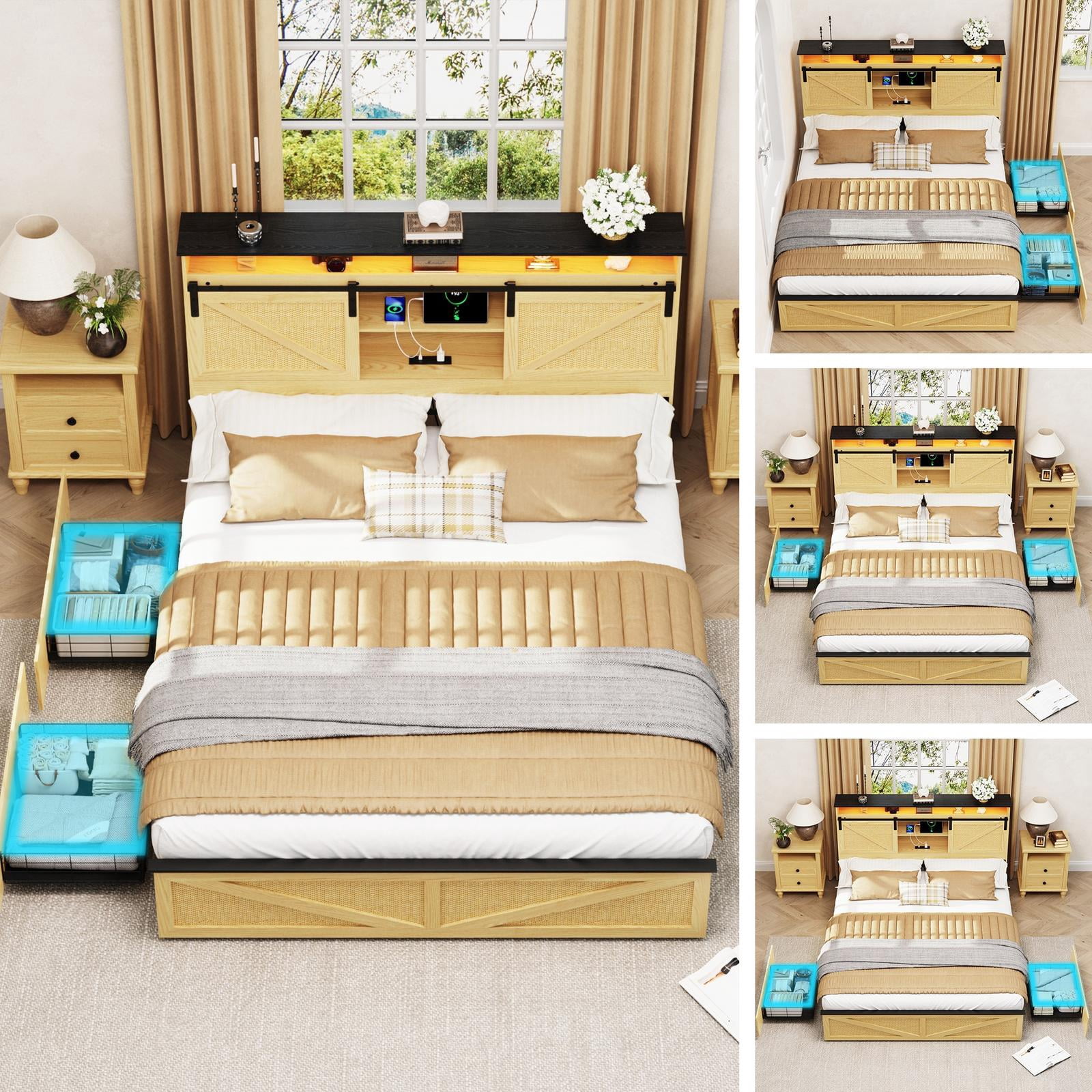 Wood Full Bed Frame with Headboard & Storage Shelf, Holaki Farmhouse Full Size Platform Bed Frame with 2 Drawers, Charging Station & LED Lights, Headboard with Sliding Barn Door, Natural