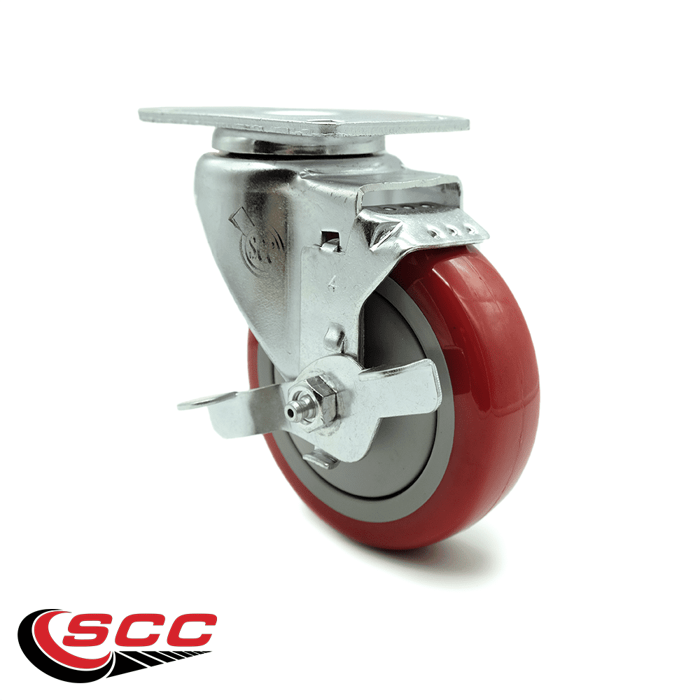 4 Inch Red Polyurethane Wheel Swivel Top Plate Caster with Brake SCC
