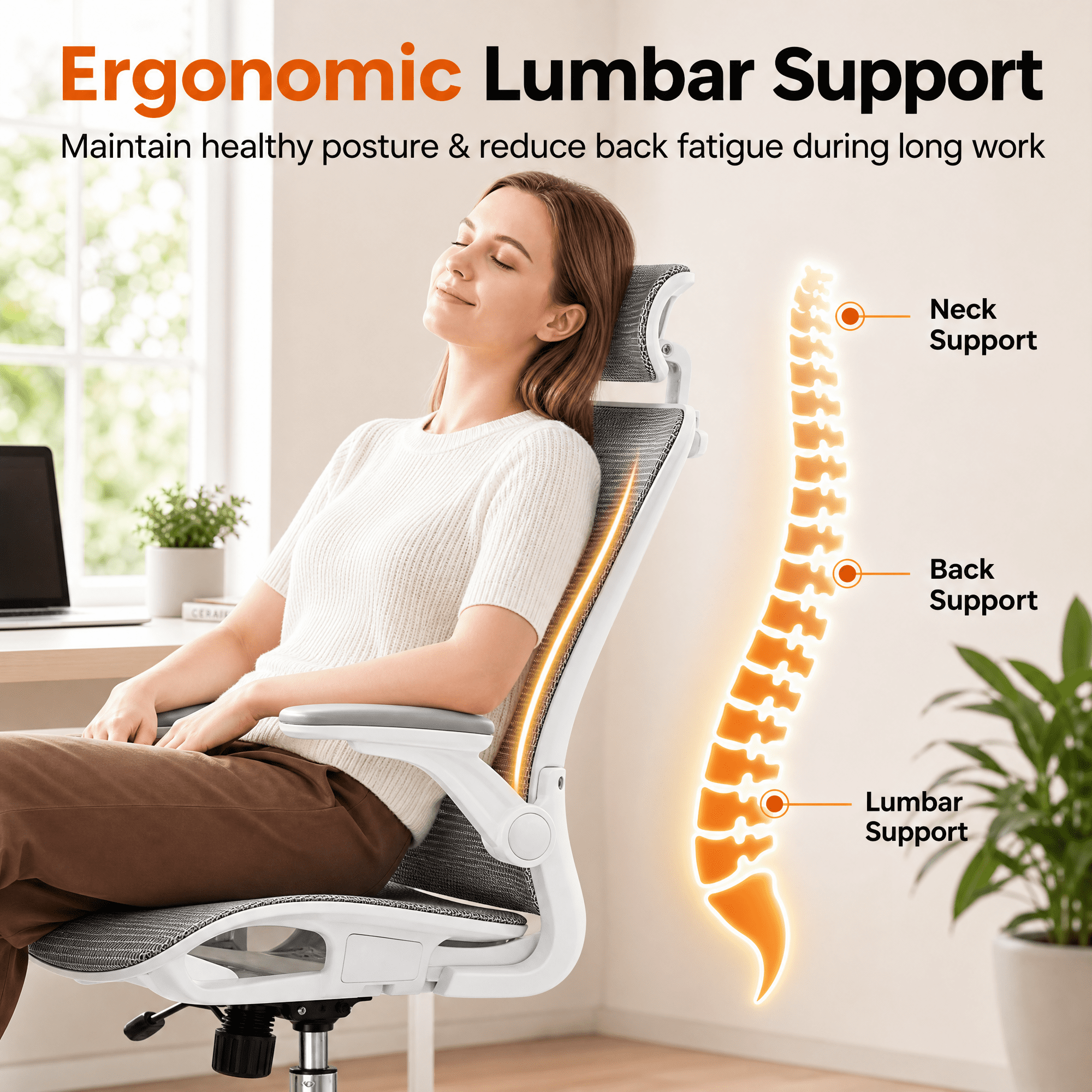 Cloudrest Pro Ergonomic Mesh Office Chair, High Back Task Chair with Flip-up Arms, Adjustable Headrest & Lumbar Support for Home Office, White