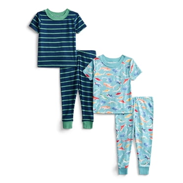 Wonder Nation Toddler Boys or Girls Cotton Short Sleeve Top and Pants Pajama Set, 4-Piece, Sizes 12M-5T