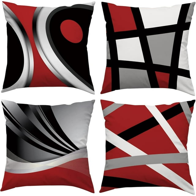 Housses de Coussin Rouges Lot de 4 18x18 Pouces Rayures Abstraites Noires et Grises Housses de Coussin Décoratives avec Motif Géométrique Moderne pour Canapé Lit Salon Audacieux et Élégant