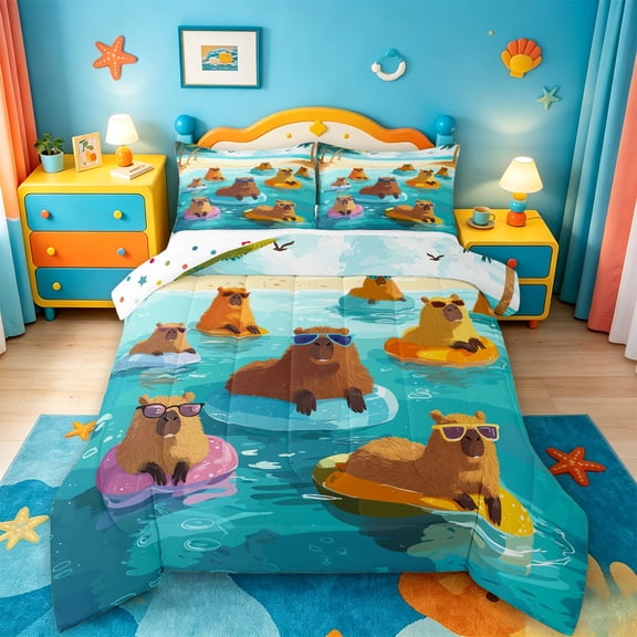 jejeloiu Kawaii Capybara Print Full Size Comforter Sets,Cute Animals Bedding Comforter Set For Boys,Teal Orange,Polkadot Reversible,3pcs,1 Comforter and 2 Pillowcases
