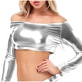 thumbnail image 2 of BSDJILFG Off the Shoulder Tops for Women Long Sleeve Y2K Metallic Crop Tops Skinny Shirts for Nightclub Party, 2 of 5