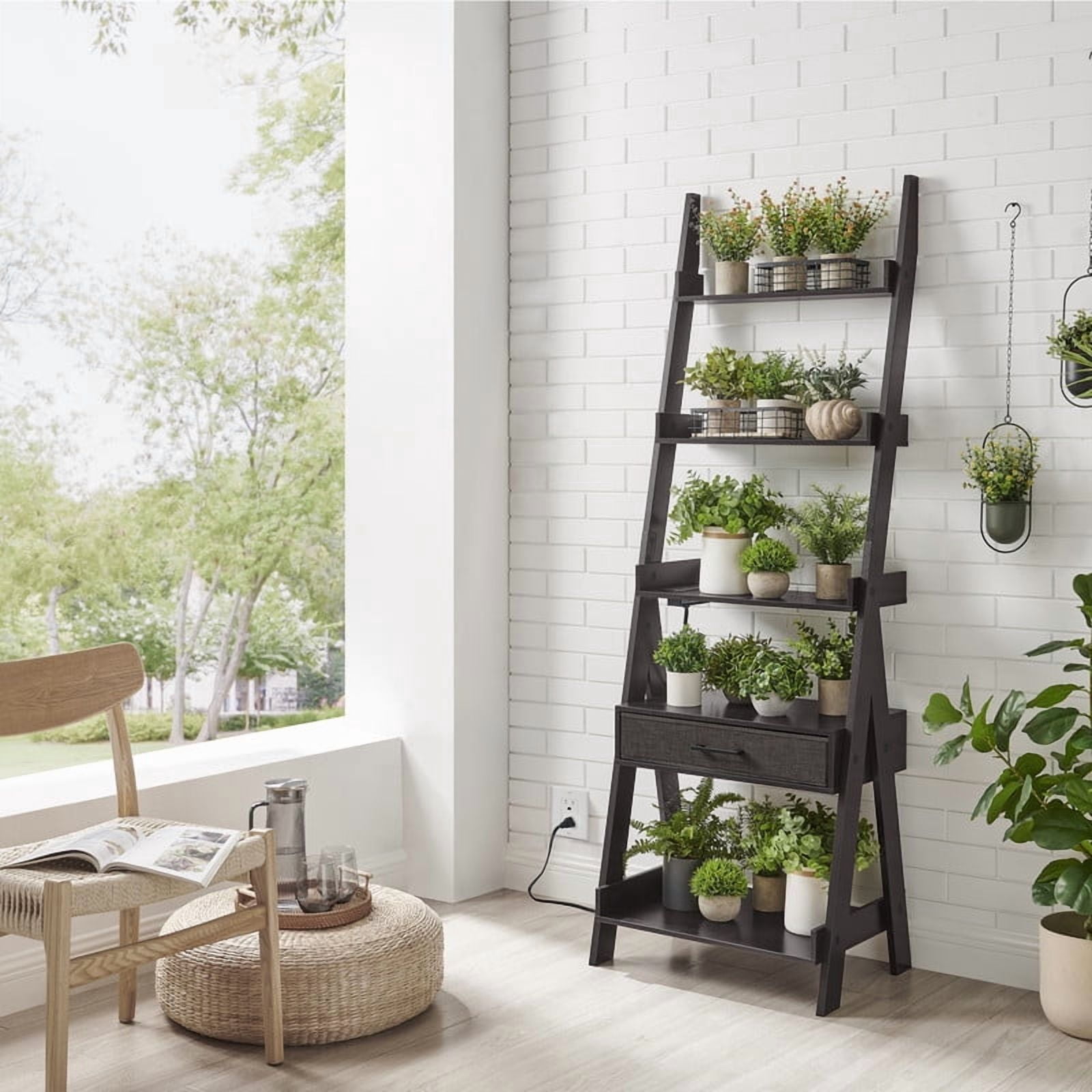 Utopia Alley Ladder Shelf, 5 Tier Ladder Bookshelf with Power Outlet, USB Port, Fast Charging and Drawer, Wood Ladder Shelves, Espresso