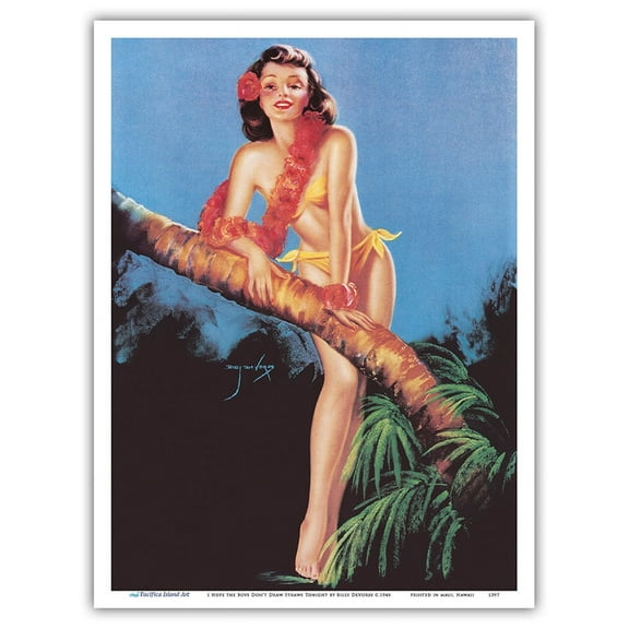 I Hope the Boys Don't Draw Straws Tonight - Tropical Bikini-Clad Girl - Vintage Pin Up Girl Print by Billy DeVorss c.1946 - Master Art Print (Unframed) 9in x 12in