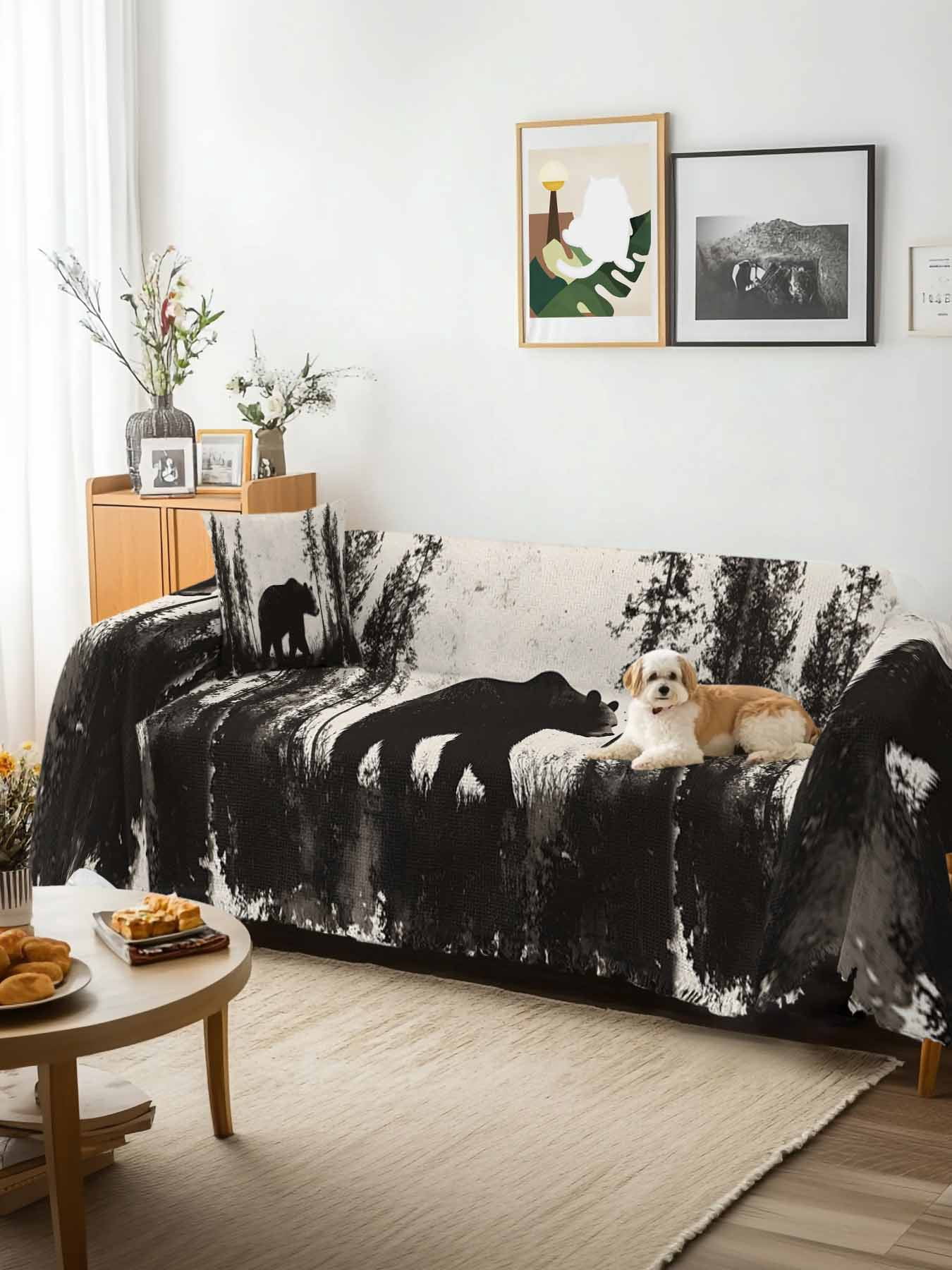 Black Bear Couch Cover, Vintage Forest Cabin Animals Silhouette Oversized Sofa Cover Blanket for 3 Cushion Couch, Sectional Sofa Slipcover Furniture Protector for Living Room Bedroom 71''x150''