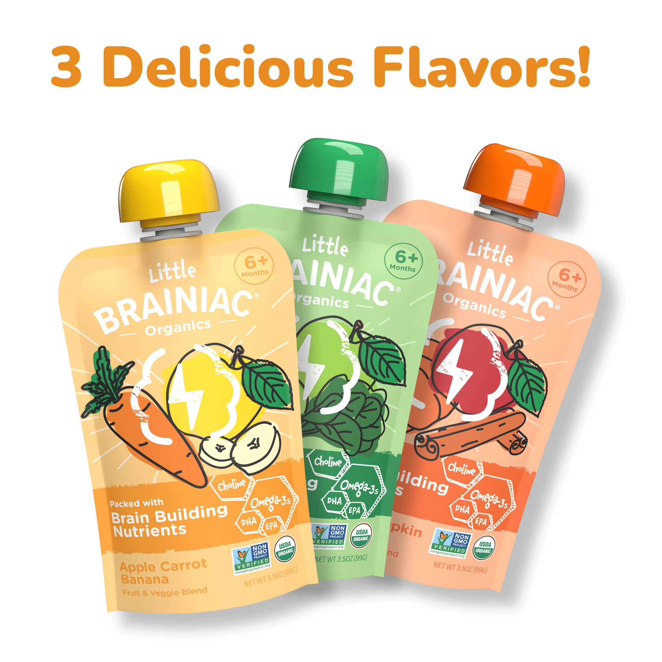 Little Brainiac Organic Fruit & Veggie Baby Food Pouch with Omega-3s, Apple Pumpkin Cinnamon, 3.5oz, 6ct