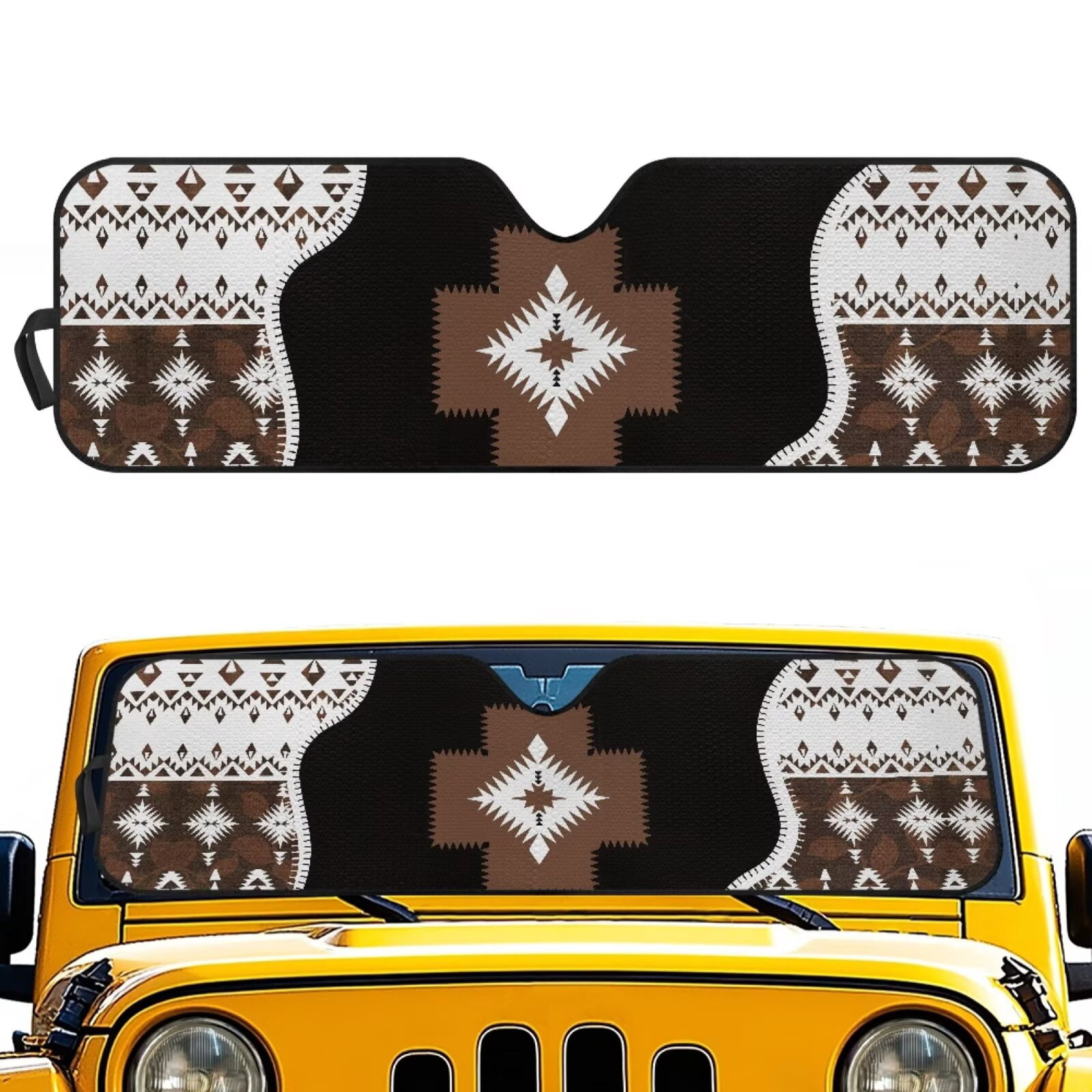 Uorisanigo Windshield Sun Shade for Wrangler JK JKU TJ Foldable 1 Piece Brown Aztec Tribal Sun Visor Windshield Shade for Jeep Wrangler, Gladiator, Renegade, FJ Cruiser