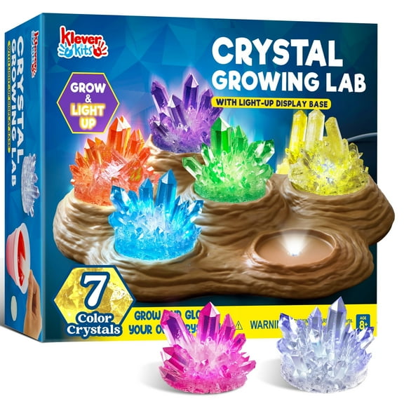 Klever Kits Crystal Growing Kit - Grow 7 Vibrant, Fast-Forming Crystals with LED Display Base, Educational STEM Toys Science Kits for Kids Ages 8-12
