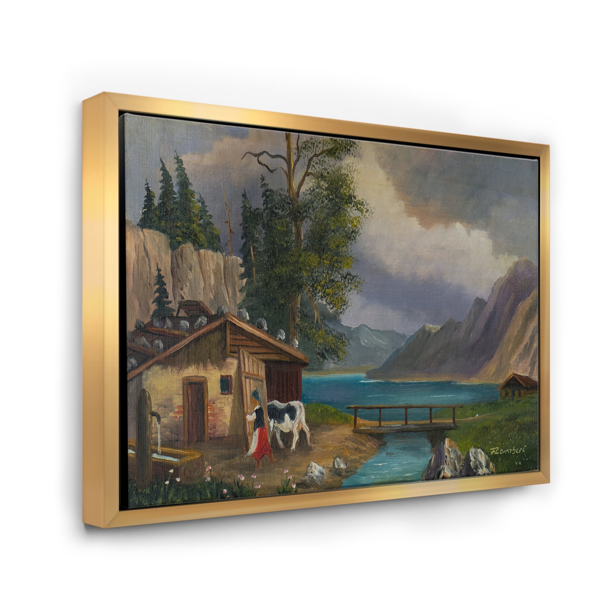 Designart 'Girl Brings The Cow Into The Stable At A Lake' Farmhouse Framed Canvas Wall Art Print