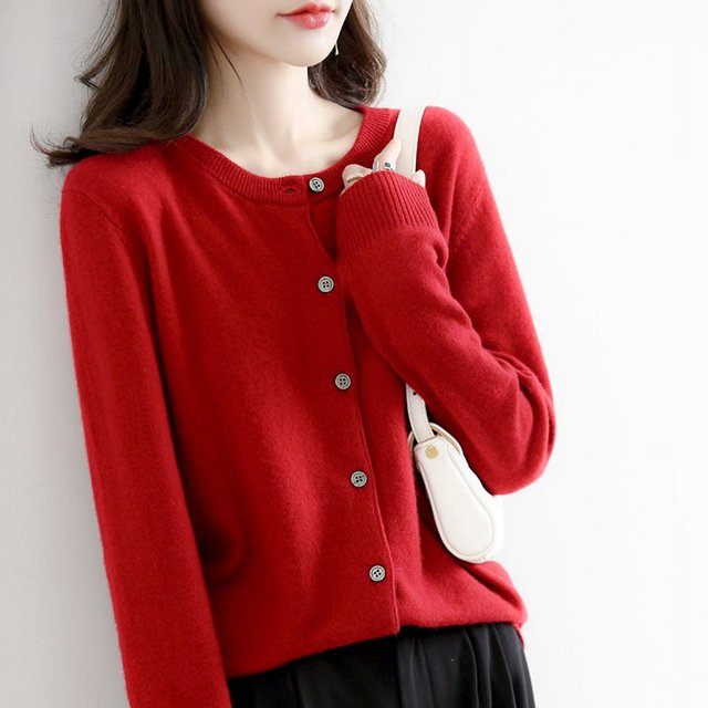 Suéter de punto de primavera y otoño para mujer, cárdigan, suéter corto de lana con cuello redondo para mujer, abrigo para mujer