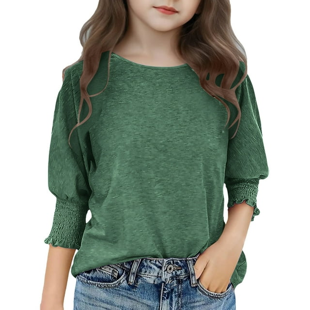 Mgmyaa Girls Pleated Long Sleeve Shirts Fashion Ruffle Loose Tops Blouses 3-14 Years