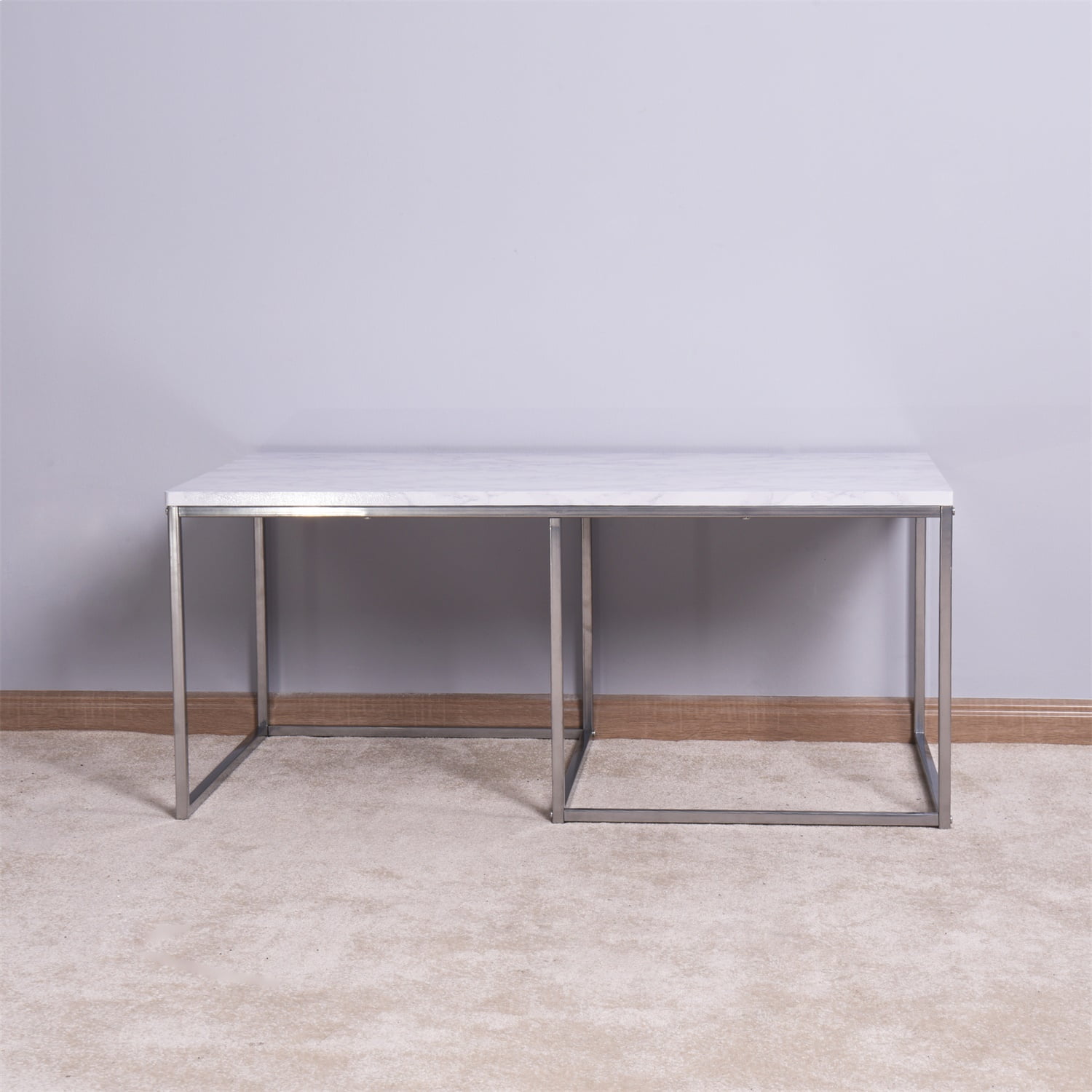 Living Room White Nesting Table, Coffee Table with Wooden MarbleTop, Metal Legs, White Living Room White Nesting Table, Coffee Table with Wooden MarbleTop, Metal Legs, White