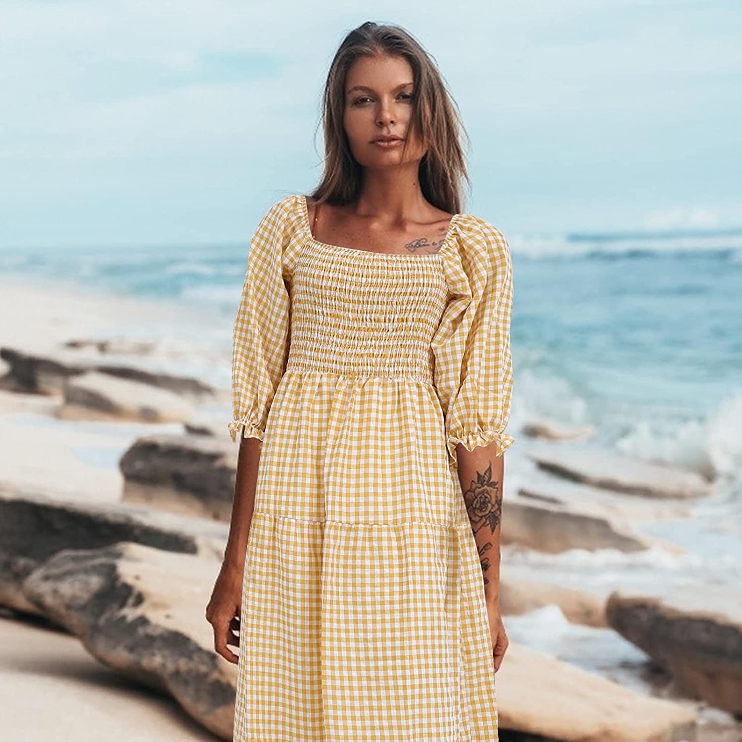 Women Square Neck Plaid Dresses High 