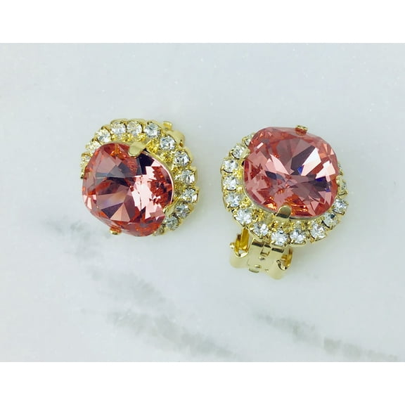Clip On Earrings Rose Peach Cushion Cut 12mm Element Halo Made With Swarovski Crystallized Elements Nickel Free
