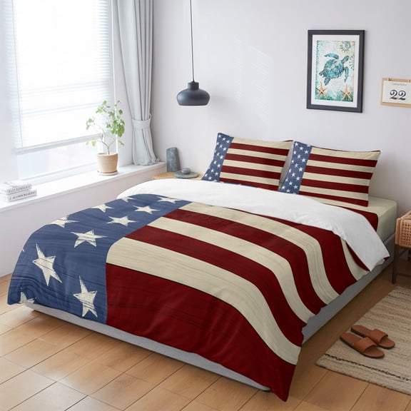 Twin 4 Piece Bedding Set Independence Day Stars and Stripes Soft Breathable Duvet Cover with Pillow Shams, Farmhouse Wood Grain Duvet Cover Set Bed Sheets for Bedroom Dormitory Guest Room