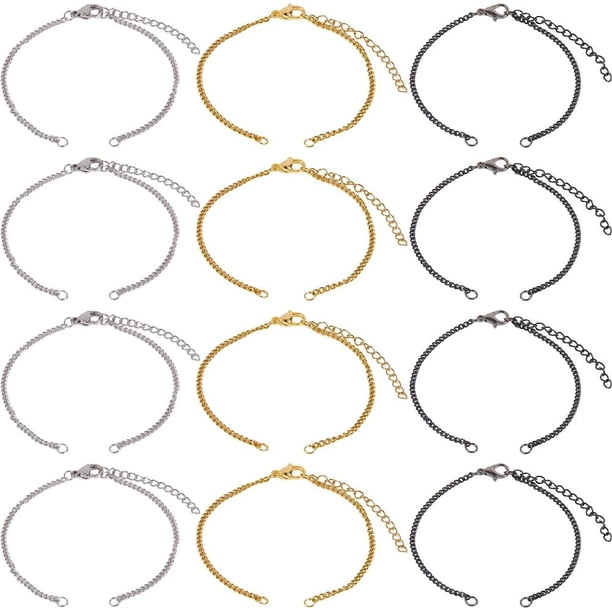 1 caja de 18 pulseras de eslabones ovalados de 3 colores, de acero inoxidable, de metal dorado, plateado y negro, ajustables, con cierres de pinza de langosta y anillas de salto.