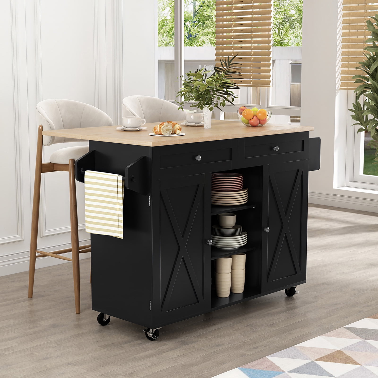 "HLR Black Large Rolling Kitchen Island with Wheels and Storage, 51.7"" W Countertop"