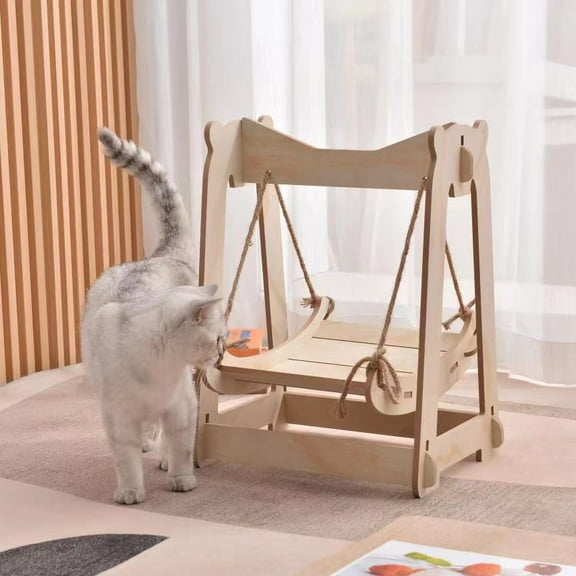 Pet Daily Kit Floor Cat Hammock, Solid Wood Splicing Design Cat Swing Hammock, Wear-Resistant Sisal Rope Mute Indoor Cat Swing Chair