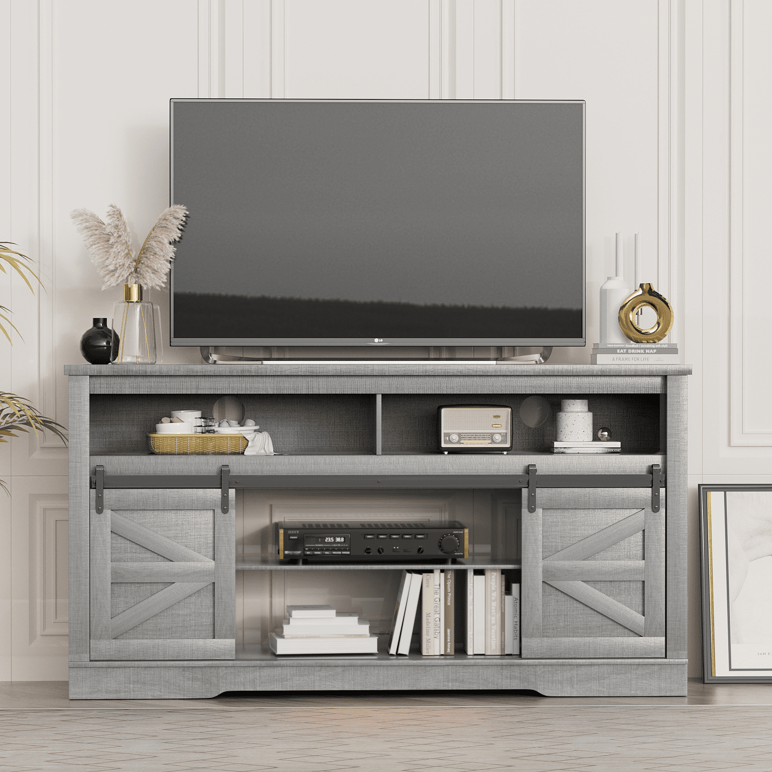 Homall Modern Farmhouse TV Stand with Electric Fireplace Media Storage TV Console Sliding Cabinet Doors,Gray