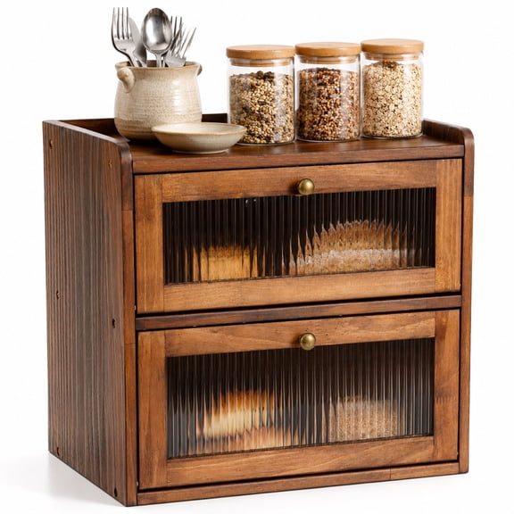Bread Box for Kitchen Countertop Wooden Bread Storage Container Bin 2 Layer Breadbox Holder Large Capacity Keeper Vintage Farmhouse Food Organizer Pantry