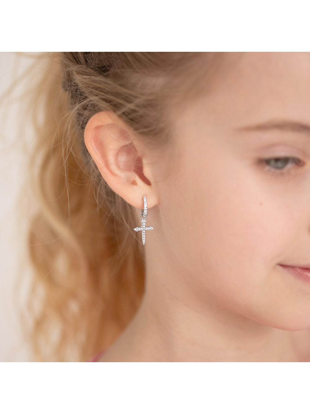 925 Sterling Silver Shiny Clear CZ Cross Hoop Dangle Earrings for Teens