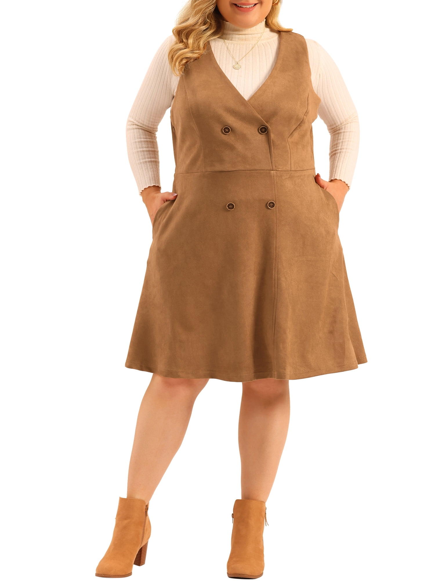 Unique Bargains Women's Plus Size Overall Button Casual Faux Suede Dress 1X Brown