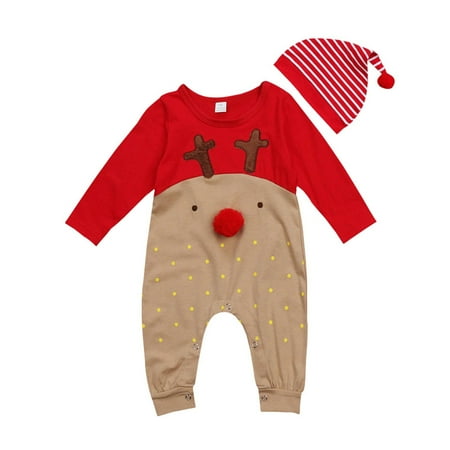 

PEZHADA Boys Girls Fall Winter Romper Jumpsuit Baby Autumn Christmas Xmas Clothes Set Antlers Jumpsuit Long Sleeve Bodysuit Romper With Hat Red