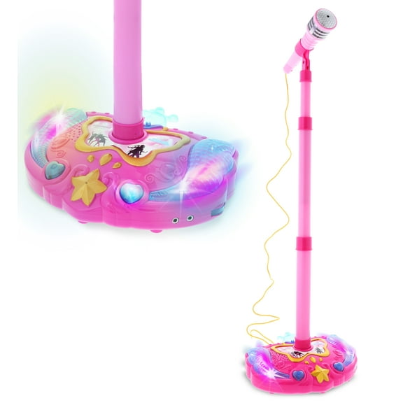 Mozlly Super Star  Kids Karaoke Machine With Microphone Stand Playset - Pink Microphone with Stand with Built-in Jack and Speaker for MP3 Player,  Singing toys for Girls and Boys with Music and Light