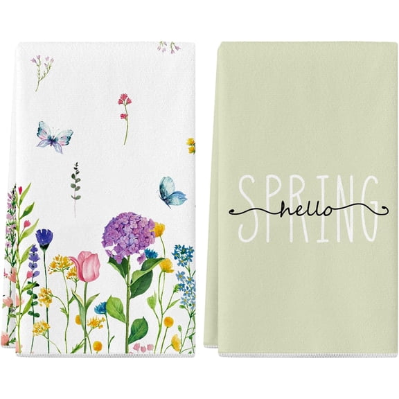 Spring Summer Kitchen Towels Set of 2, 18x26 Inch Dish Towels Flower Decor Hand Towels Seasonal Summer Decorations for Home Drying Dishcloth (Green)