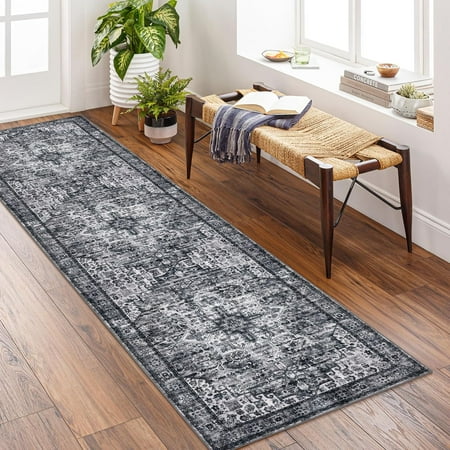 Suelur Runner Rugs 2x8 Moss Charcoal Runner for Hallways Non-Slip Washable Kitchen Runners with Rubber Backing Soft Printed Distressed Medallion Floor Carpet Runner for Laundry Bedroom Entryway