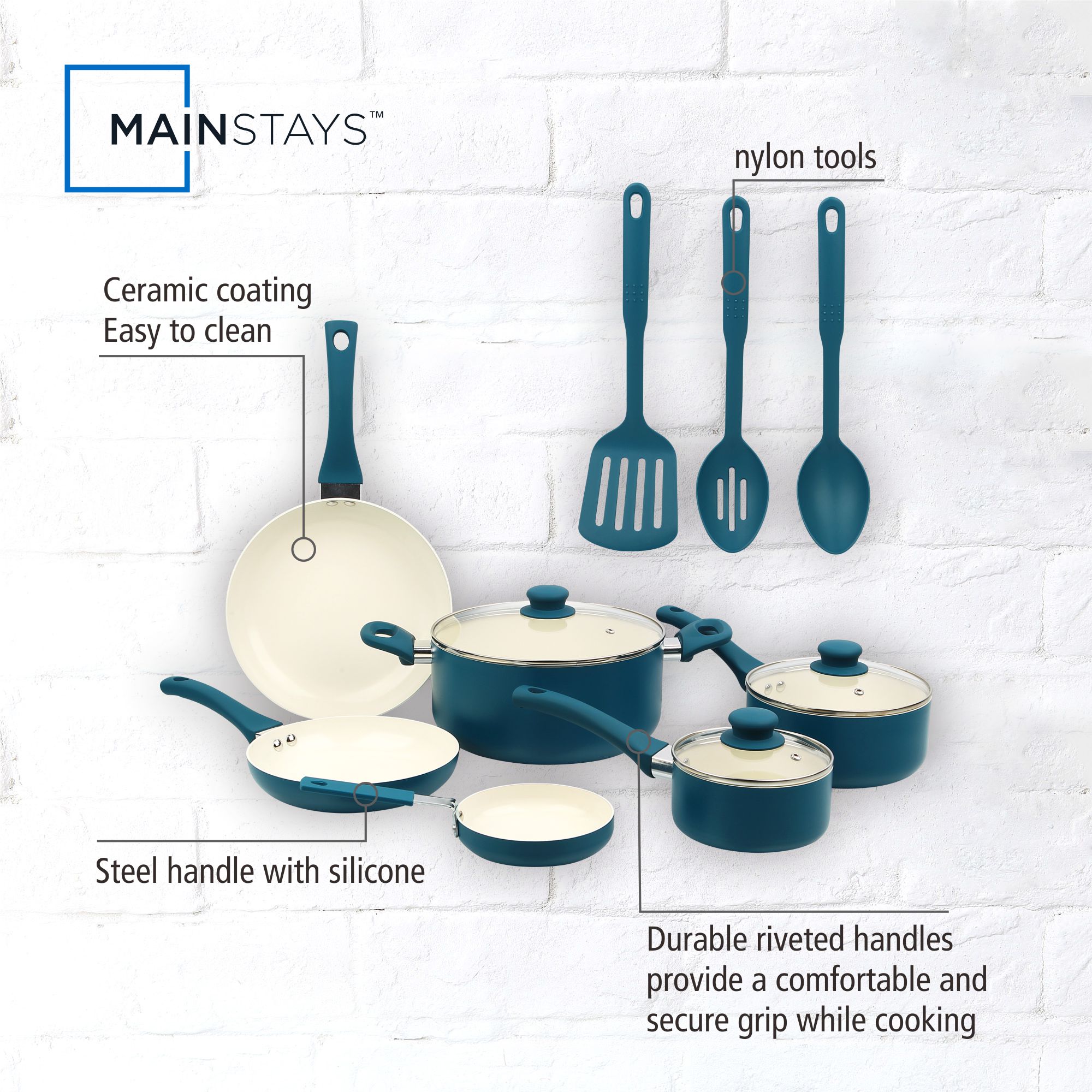Mainstays 12-Piece Ceramic Nonstick Cookware Set, Corsair Blue photo 3
