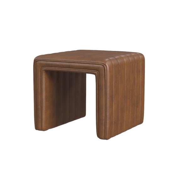 Ada Footstool Ottoman, Channel Tufted Brown Faux Leather, 19 Inch