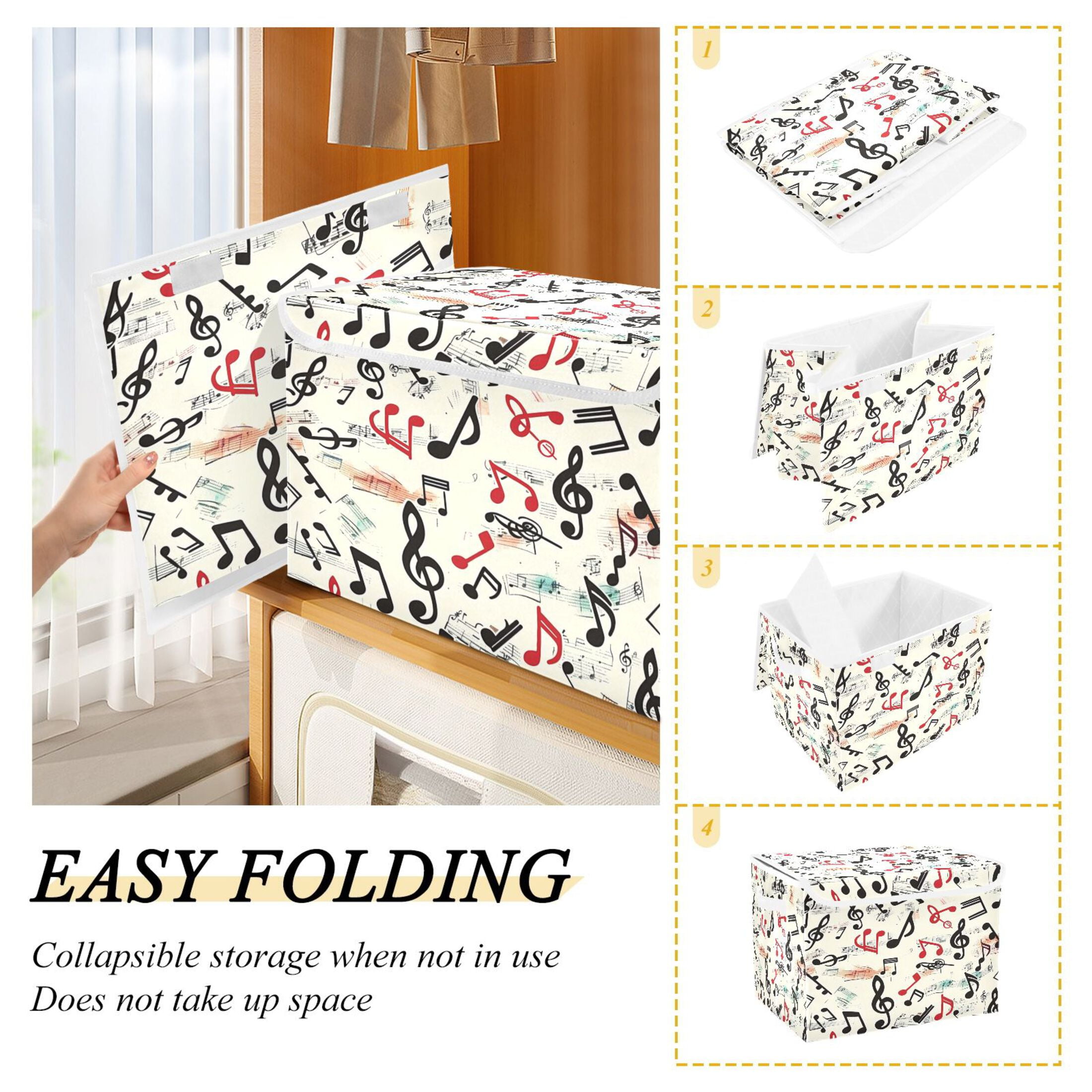 Ryvnso Musical Note Large Lidded Foldable Storage Baskets Cubes Boxes Lids Bin for Home