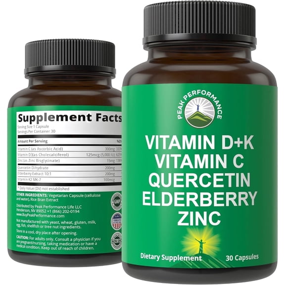 Peak Performance Immune Support Supplement with Vitamin D3 K2 C Elderberry Zinc Quercetin, Gluten-Free Capsules, 30 Count