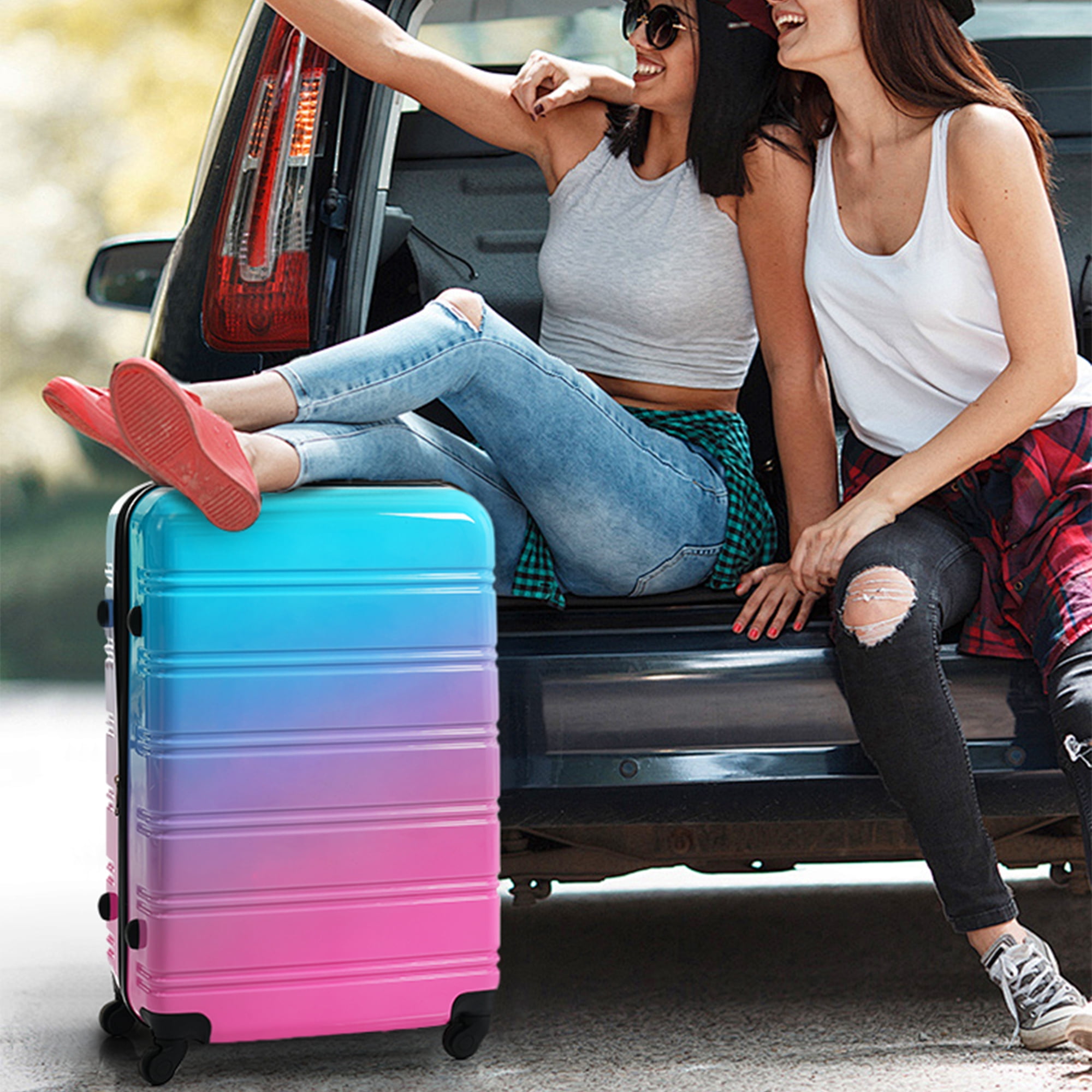 Euroco Hardshell 3 Piece Luggage Sets, Gradient Color Expandable Suitcase Set with TSA Lock and Spinner Wheels,Lightweight Durable Travel Luggage Set for Family Trip(20"/24"/28"),Blue+Red
