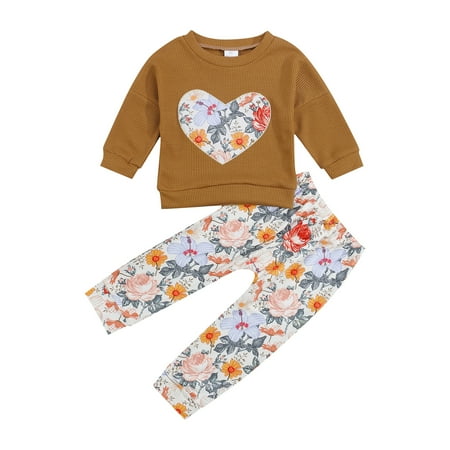 

2Pcs Baby Girls Casual Outfits Heart Print Long Sleeve Round Neck Pullover + Trousers