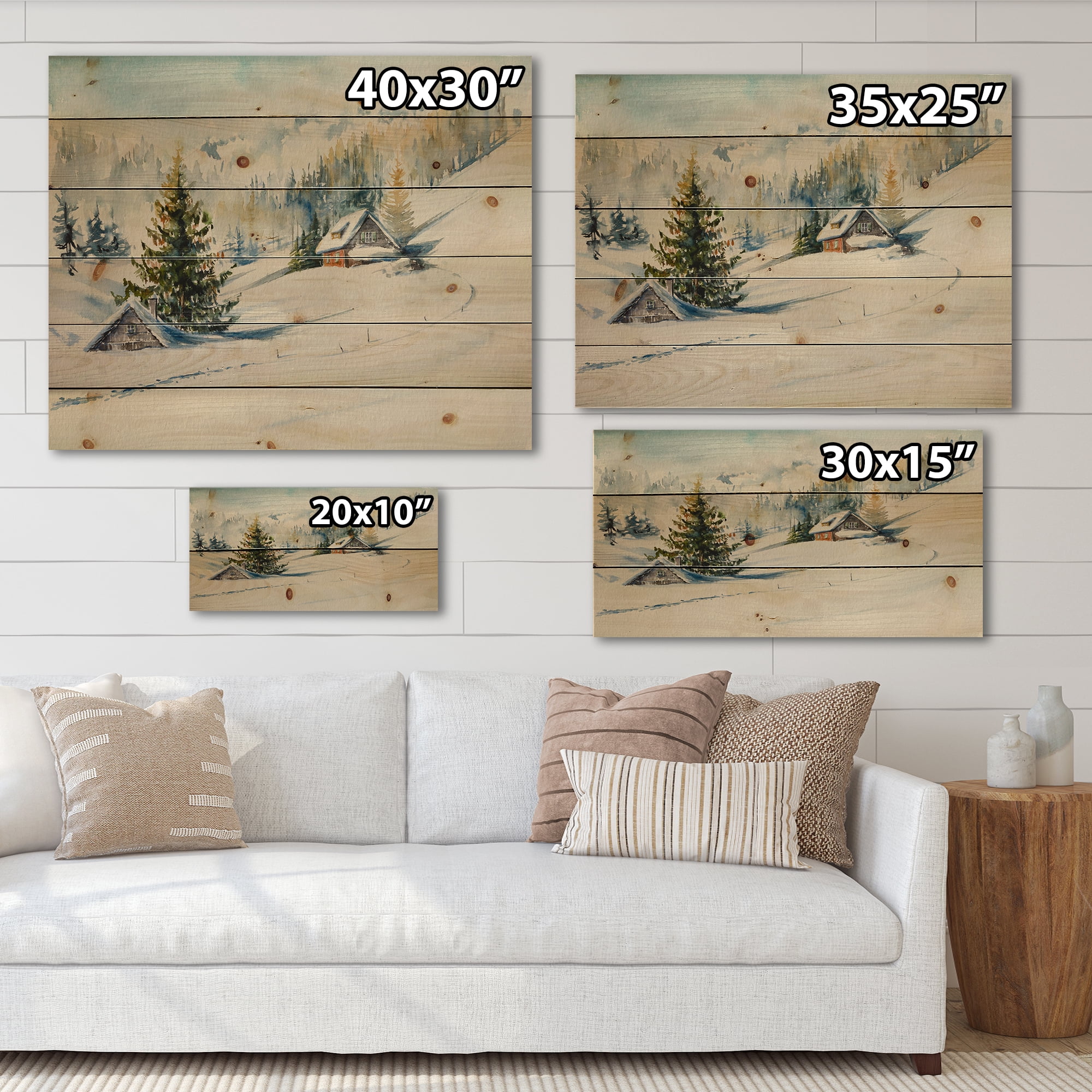 Designart 'The Winter Mountains With Little House' Traditional Print on Natural Pine Wood