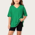 thumbnail image 2 of Girls 2pc Outfits Summer Short Sleeve V Neck Drop Shoulder T-Shirts Basic Leggings Shorts Sets Green 4-5 Years, 2 of 7