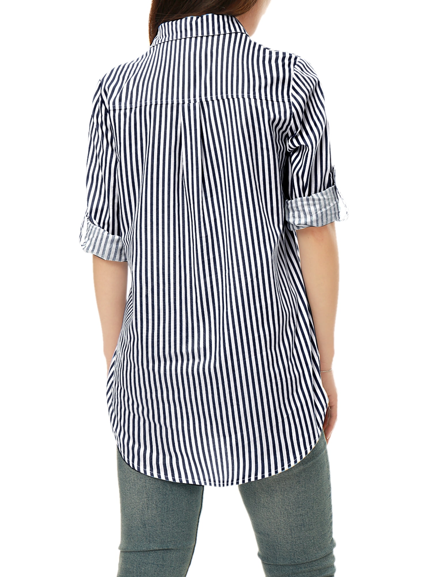 DARING DIVA Women's Button Down Long Sleeve Vertical Stripes Shirt S Dark Blue