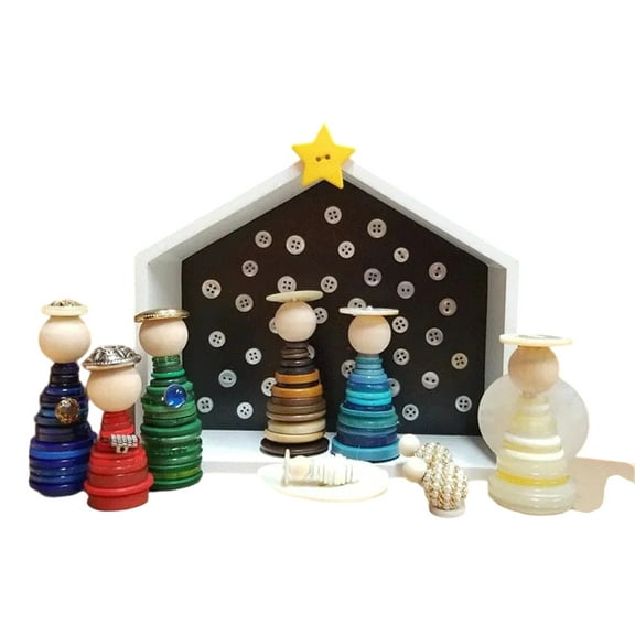 Button Nativity Scene Kit – Wooden House Holiday Display Set – Christmas Desktop Decoration & Gift for Family or Religious Home Décor