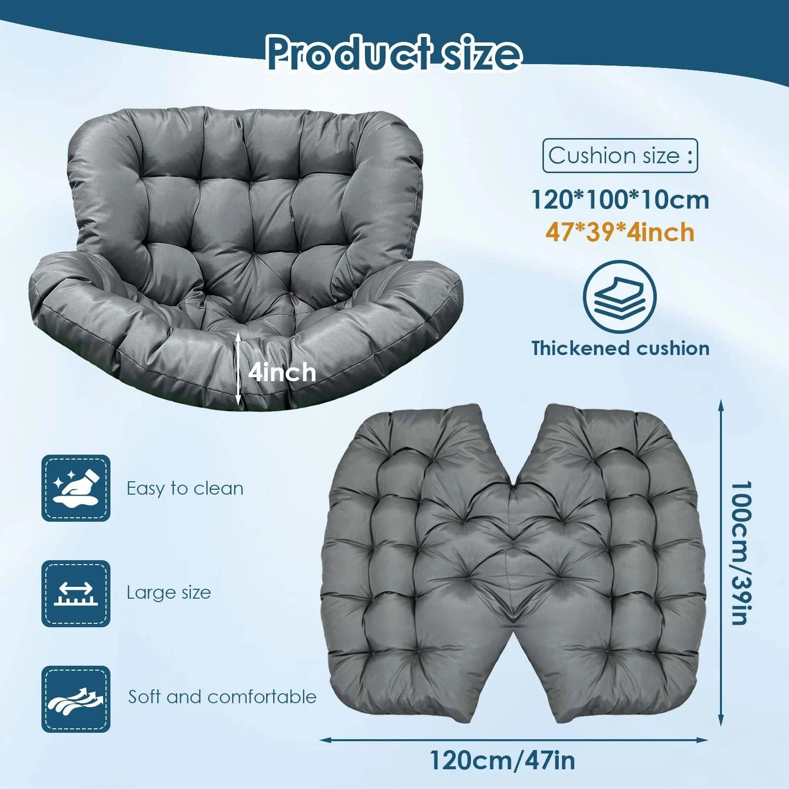 TOPCHANCES Egg Chair Cushion Only, Water-Resistant Outdoor Rocking Chair Cushion, Thick Papasan Seat Cushion with Ties for Patio, Porch, Balcony, Garden (Gray)
