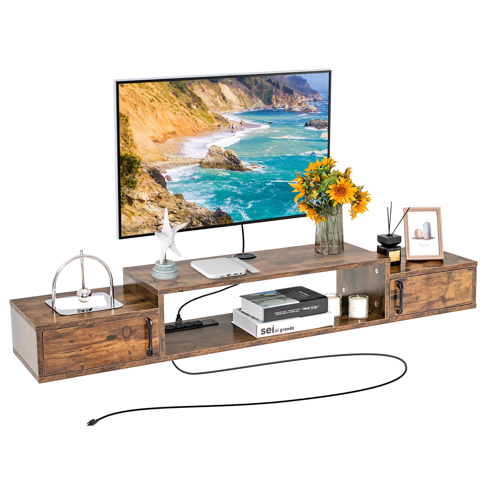 Costway 55'' Floating TV Stand Wall Mounted Console Shelf w/ Doors & Power Outlet Rustic Brown