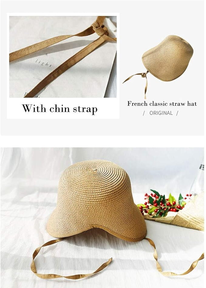 French Straw Bonnet Cap for Women Victorian Sun Hat Chin Strap Foldable Ladies Vacation Summer Beach Bucket Hats